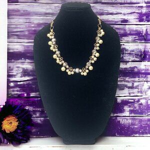 J.Crew Faux Crystal & Pearl Princess Necklace on Floral Chain 23"L Gold White